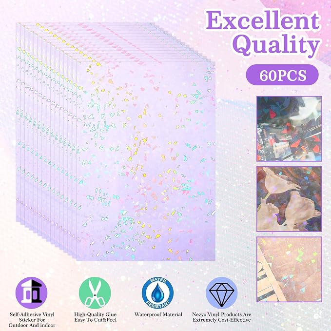 60 Sheets Holographic Laminate Sheets Clear Glitter A4 Size Vinyl Sticker Paper - Image 3