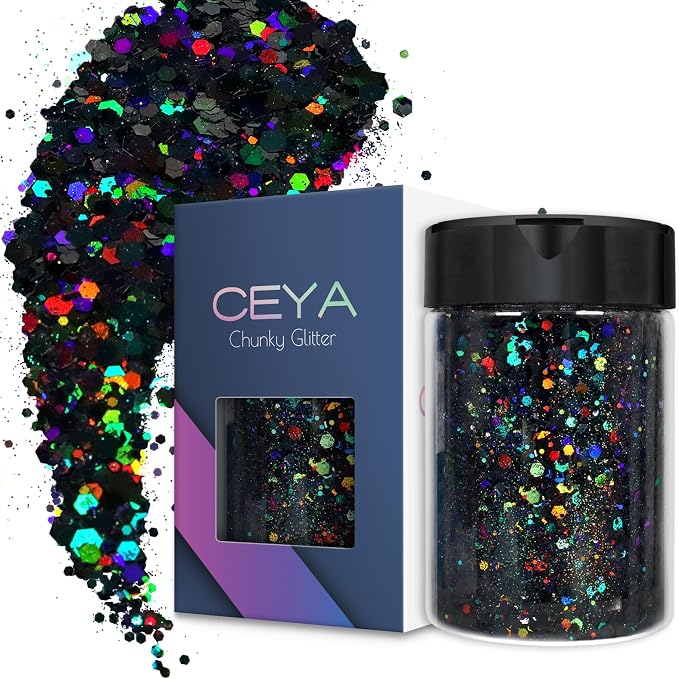 Ceya Holographic Chunky Glitter, 4.9oz/ 140g Black Craft Glitter Powder Mixed by CEYA
