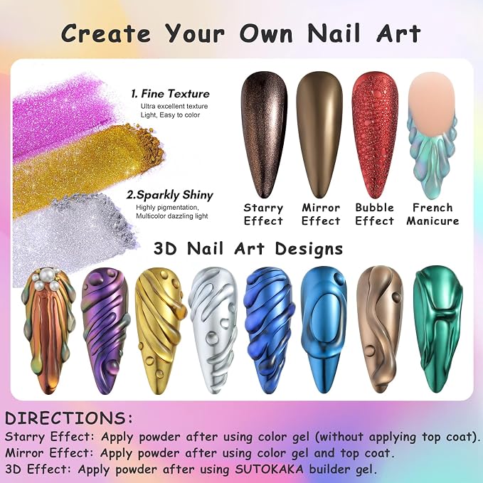 24 Jars Chrome Nail Powder Metallic Mirror Effect Pigment Iridescent Aurora - Image 3