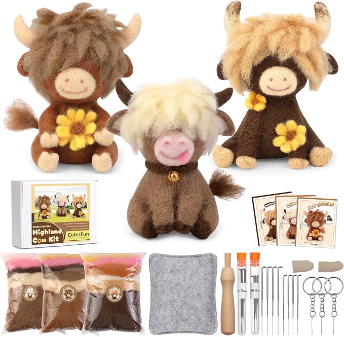 Yizzvb Needle Felting Kit, Highland Cow Family Needle Felt Beginner Kits by yizzvb