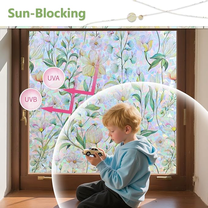 FINNEZ Window Privacy Film Stain Glass Film Flowers Rainbow Window Film Window - Image 4