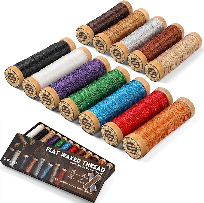12 Colors Waxed Thread for Leather Sewing, 660 Yards Flat Leather Sewing Thread by Tikjiua