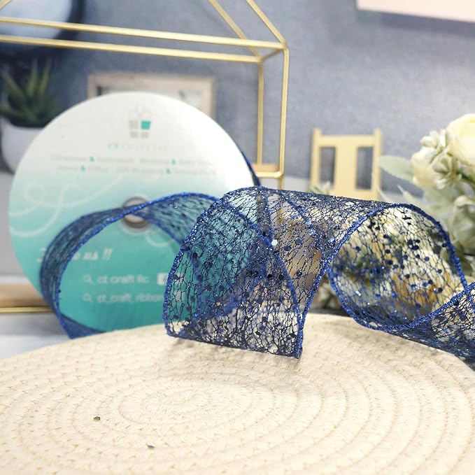 CT CRAFT LLC Sparkling Glitter Mesh Wired Ribbon 2.5" x 20 Yards Blue Navy - Image 4