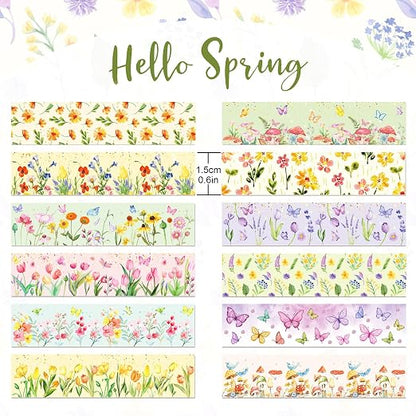 12 Rolls Spring Floral Washi Tape Set, Butterfly Tulip Flower Masking Tapes - Image 2