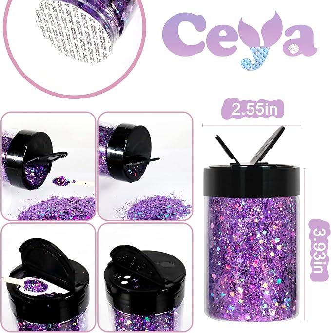 Ceya Holographic Chunky Glitter, 4.9oz/ 140g Light Purple Craft Glitter Powder - Image 4