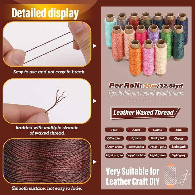 0.8 mm Leather Sewing Thread, 16 Colors 32 Yards Waxed Thread, Round Waxed - Image 3