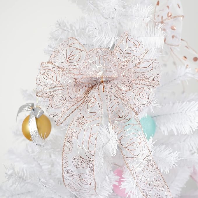 MEEDEE Floral Rose Wired 2.5 Inch Rose Gold Organza Sheer Ribbon, Wedding - Image 6