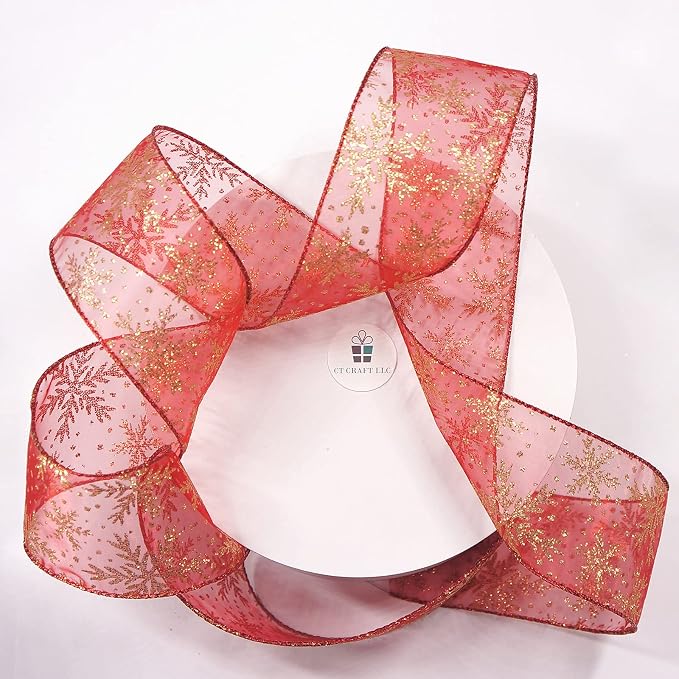 CT CRAFT LLC Organza with Red Glitter Snowflakes Wired Ribbon 2.5 inch x 50 - Image 8