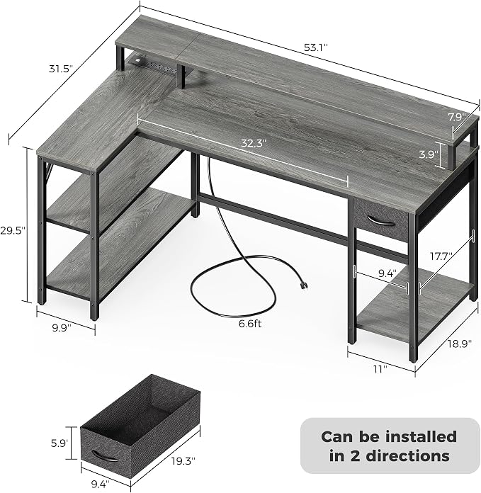 SUPERJARE 53 inch Reversible L Shaped Desk - Image 6