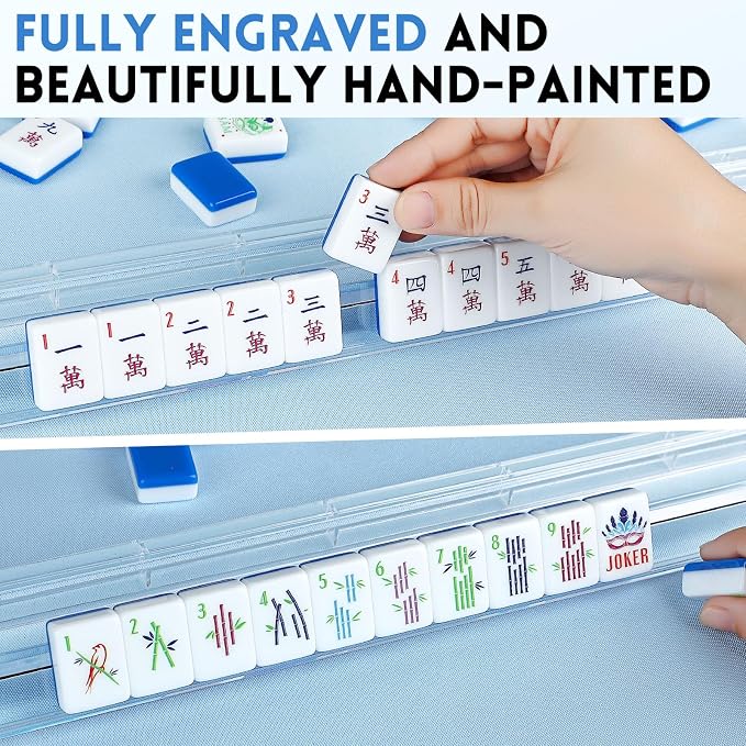 American Mahjong Tile Set, 166 Tiles White Blue Acrylic Carving Tiles, Mahjong - Image 4