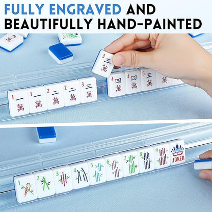 American Mahjong Tile Set, 166 Tiles White Blue Acrylic Carving Tiles, Mahjong - Image 4
