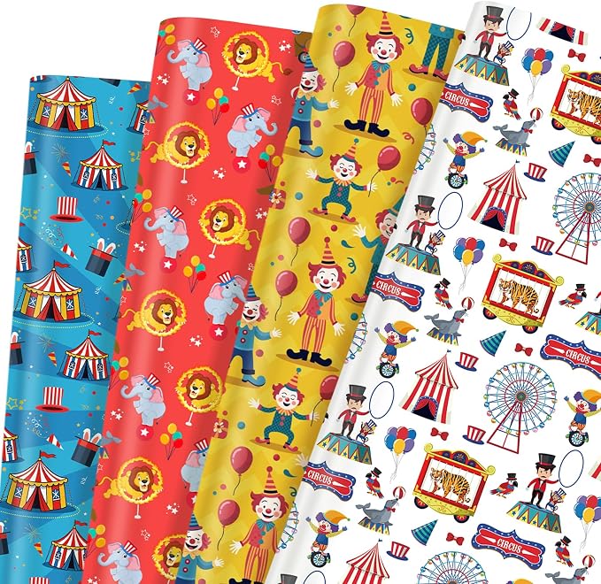 Pineraap 12 Sheets Circus Wrapping Paper, Cute Circus Acrobatic Clown Ferris by Pineraap