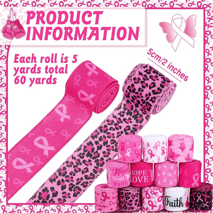 12 Rolls 60 Yards Breast Cancer Awareness Wired Edge Ribbon Pink Butterfly - Image 2