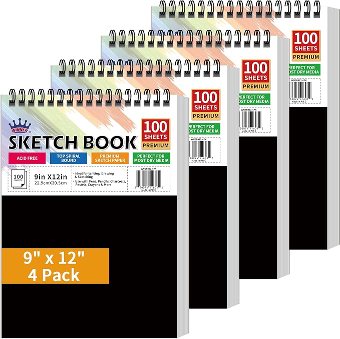WINNER 9" x 12" Sketch Book 4 Pack, 400 Sheets Spiral Bound Art Sketchbook by Unknown