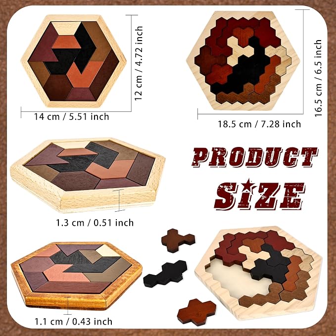 6 Pack Wooden Hexagon Tangram Puzzle Wood Tangram Block Puzzle Set - Image 2