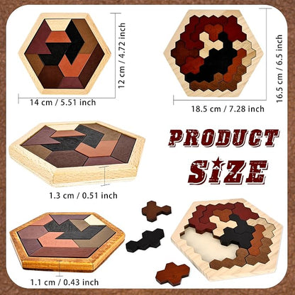 6 Pack Wooden Hexagon Tangram Puzzle Wood Tangram Block Puzzle Set - Image 2