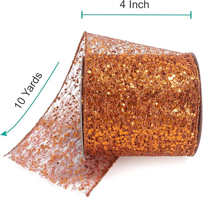 CT CRAFT LLC Sparkling Glitter Mesh Wired Ribbon 4" x 10 Yards Bronze Orange - Image 2