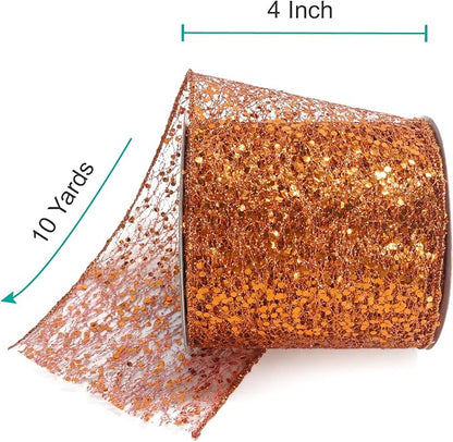 CT CRAFT LLC Sparkling Glitter Mesh Wired Ribbon 4" x 10 Yards Bronze Orange - Image 2