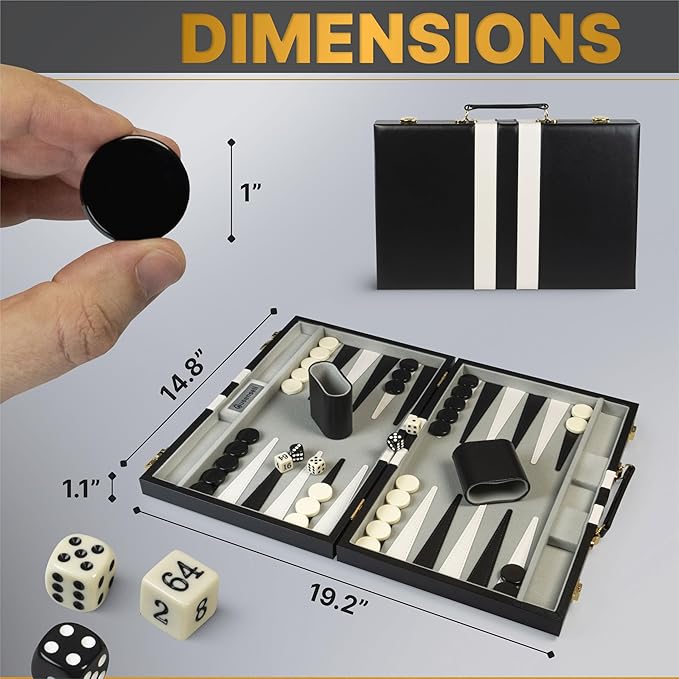 Backgammon Sets for Adults – 15-Inch Black PU Leather Board Game Set – Classic - Image 3