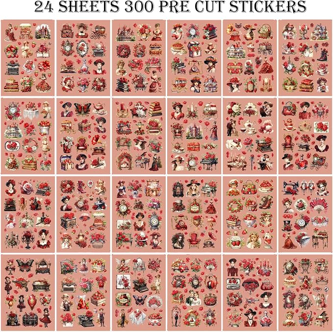 Vintage Ephemera Sticker 24 Sheets precut 300 washi Stickers Paper Journal - Image 3