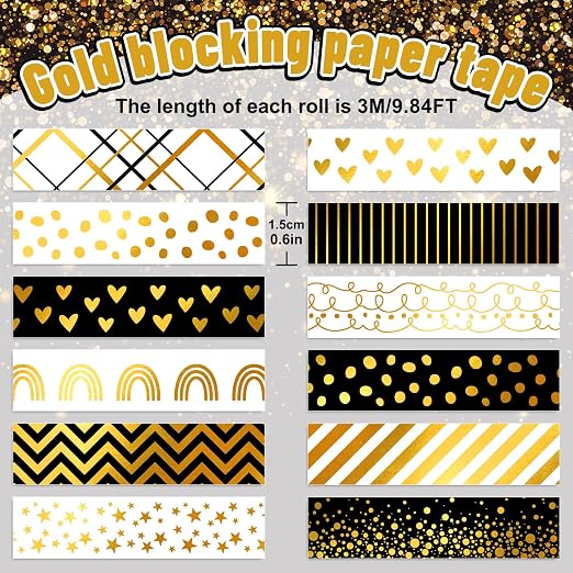 Whaline 12 Rolls Gold Foil Pattern Washi Tape Heart Dot Stripe Rainbow Masking - Image 2