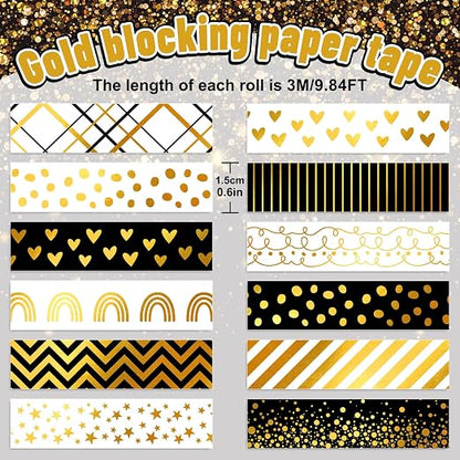 Whaline 12 Rolls Gold Foil Pattern Washi Tape Heart Dot Stripe Rainbow Masking - Image 2
