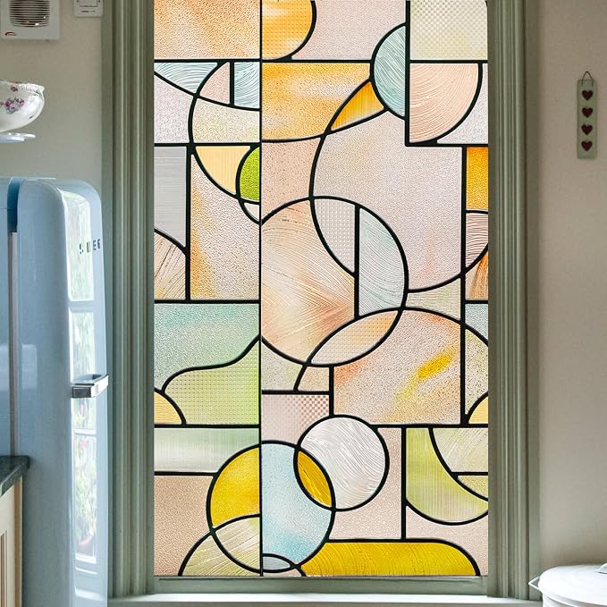 3D Stained Glass Window Privacy Film, Heat Control UV Blocking Static Cling by OHTMERU