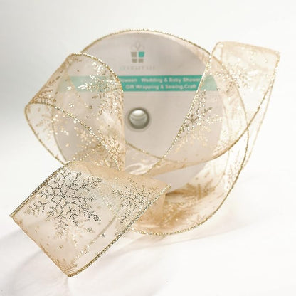 CT CRAFT LLC Organza with Champagne Gold Glitter Snowflakes Wired Ribbon 2.5 - Image 3