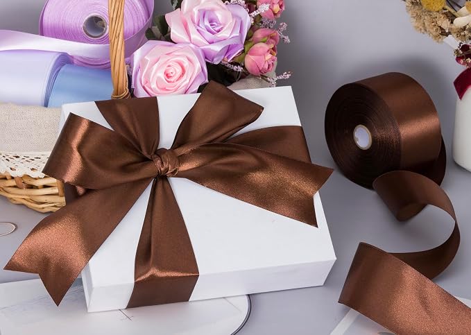 2 Inch Brown Solid Satin Ribbon, 50 Yards Craft Fabric Ribbon - Image 5