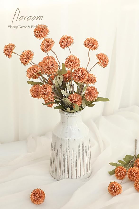 Floroom 5pcs Burnt Orange Faux Silk Mums Artificial Flowers, Bulk Fake Small - Image 2