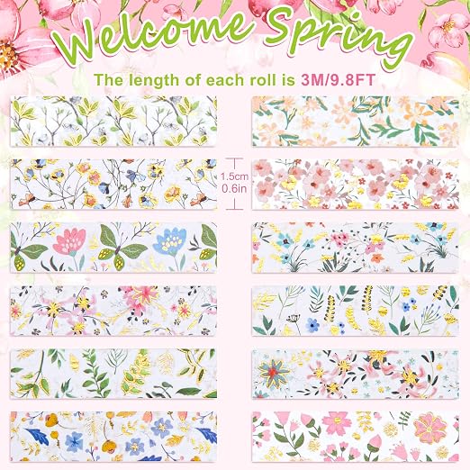 Whaline 12 Rolls Spring Floral Washi Tape Foil Gold Colorful Flowers Masking - Image 2