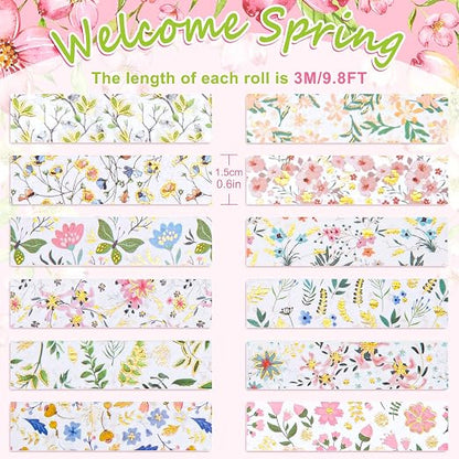 Whaline 12 Rolls Spring Floral Washi Tape Foil Gold Colorful Flowers Masking - Image 2