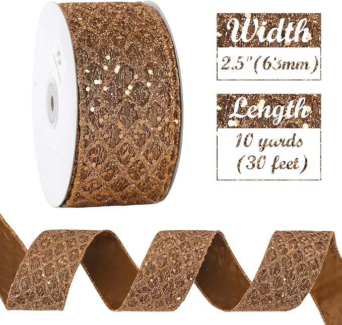 HUIHUANG Glitter Copper Wired Ribbon 2.5 inch Copper Diamond Mesh Wire Edge - Image 3