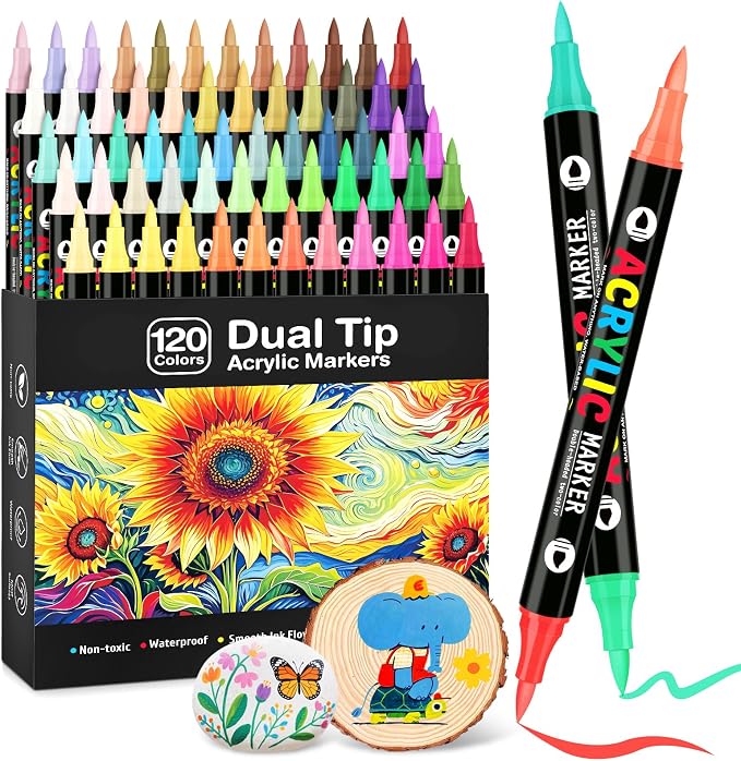 120 Colors Acrylic Paint Markers, Dual-Color Acrylic Paint Pens by TooyBing
