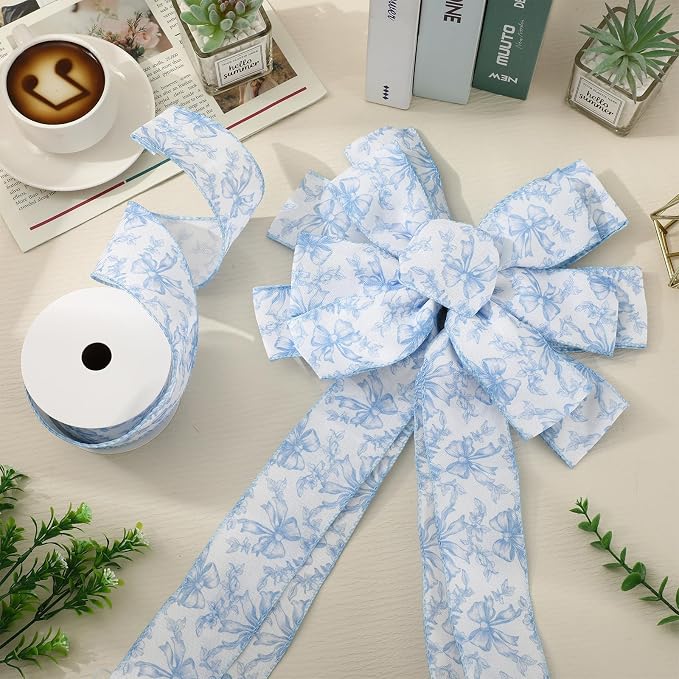 Blue Floral Bow Wired Edge Ribbon Chinoiserie Flower Bowknot Fabric Ribbon - Image 4