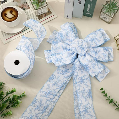 Blue Floral Bow Wired Edge Ribbon Chinoiserie Flower Bowknot Fabric Ribbon - Image 4