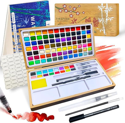Watercolor Paint Set, 100 Colors in Nature Bamboo Box, Portable Water Colors Kit by Unknown