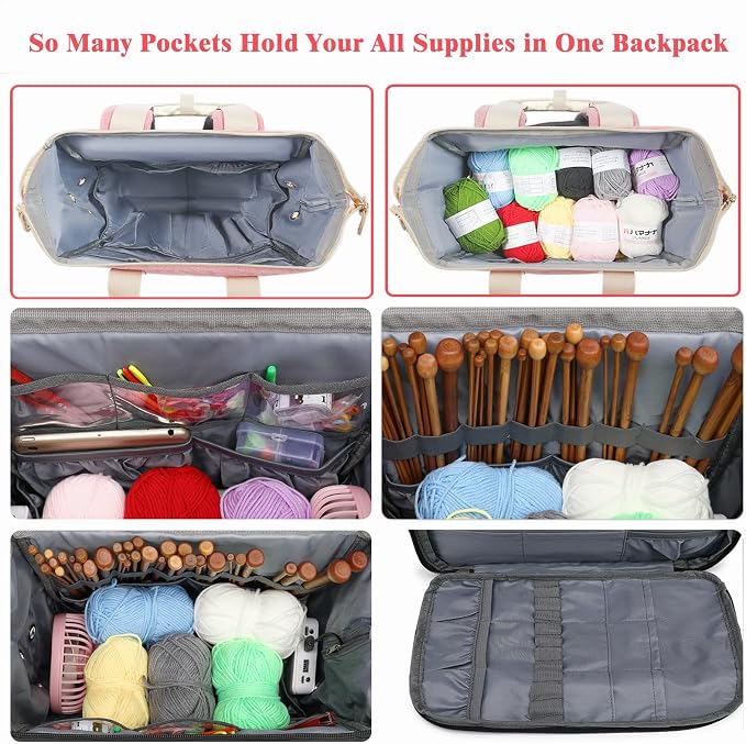 Knitting Bag Backpack, Yarn Storage Organizer Travel Crochet Bag - Image 4