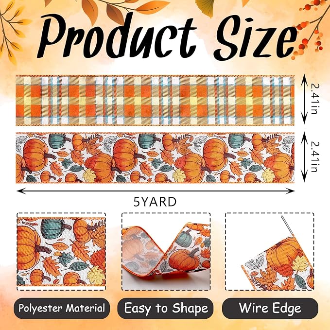 2 Rolls 2.5 Inch x 10 Yards Thanksgiving Fall Wired Ribbon - Image 2