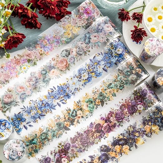 Flower PET Tape Stickers for Journaling, 6 Rolls Transparent Floral Washi Tape by MisKepaa