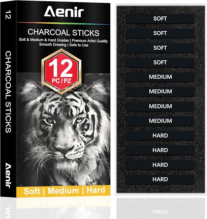 Compressed Charcoal Sticks Set of 12 – Soft, Hard Charcoal by Aenir