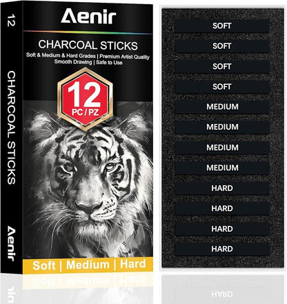 Compressed Charcoal Sticks Set of 12 – Soft, Hard Charcoal by Aenir