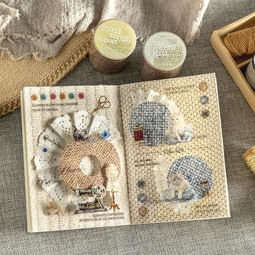 Fabric-Patterned Washi Sticker Set, 6 Rolls Vintage Stickers - Image 5