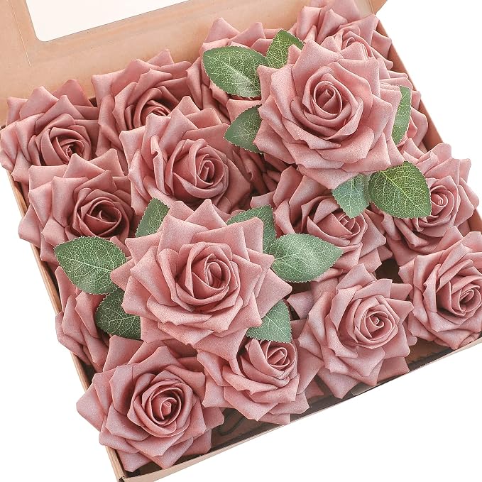 Floroom Artificial Flowers 16pcs 3.5" Real Looking Dusty Rose Foam Fake Hybrid by Floroom