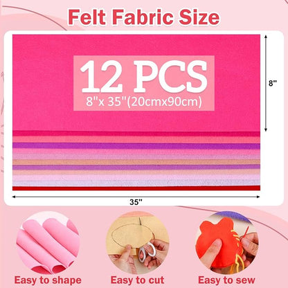12 Rolls 8"x35" 1.4mm Thick Soft Felt Fabric Sheet 12 Assorted Pink Series - Image 2