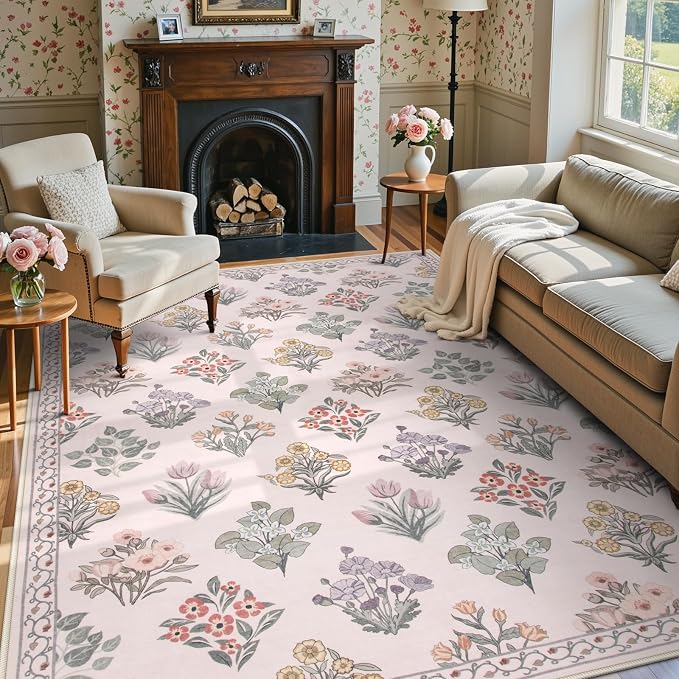 Wonnitar Pink Rugs for Bedroom Girls Nursery, Washable 5x7 Floral Rug, Boho by Wonnitar