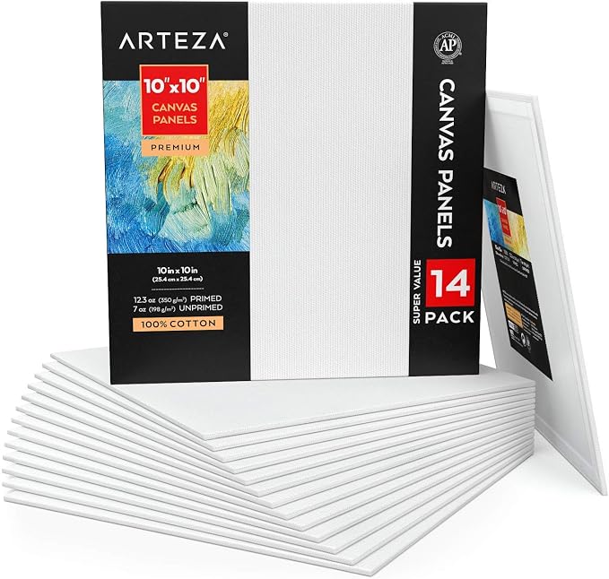 ARTEZA Canvases for Painting, 10 x 10 Inches, Square Blank Art Canvas Boards by ARTEZA