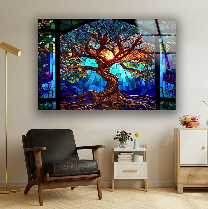 My Photostation.com 35.5Wx30H'' Stained Blue Life of Tree Glass Wall - Image 2
