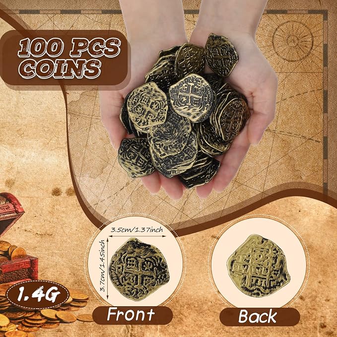 Hanaive 100 Pcs Pirate Coins Plastic Kids Fake Play Coins Replica Spanish - Image 2