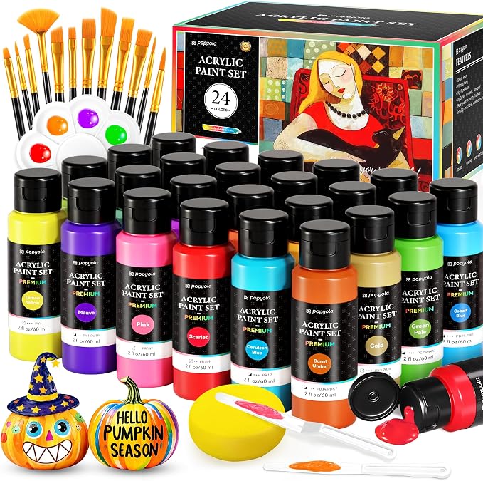 40 PCS Acrylic Paint Set with 12 Brushes, 2 Knives & Palette, 24 Colors Art by POPYOLA